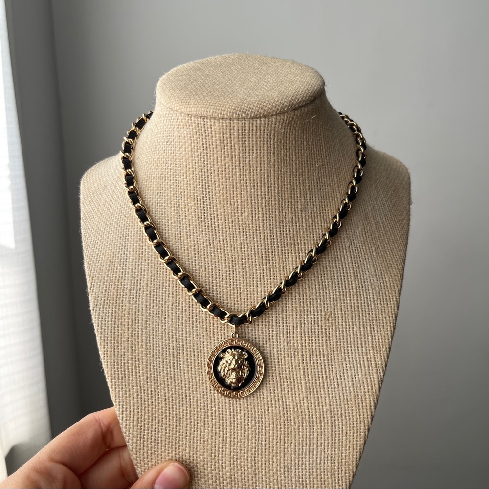 Gold and Black Chain Necklace with Lion Pendant